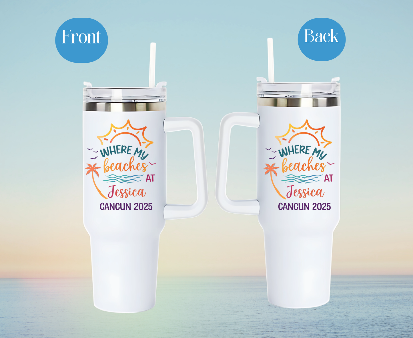 Personalized Beach Trip Tumbler, Custom Vacation - date | 40oz or 20oz Travel Mug with Straw | Girls Trip, Bachelorette, Cancun Gift Size