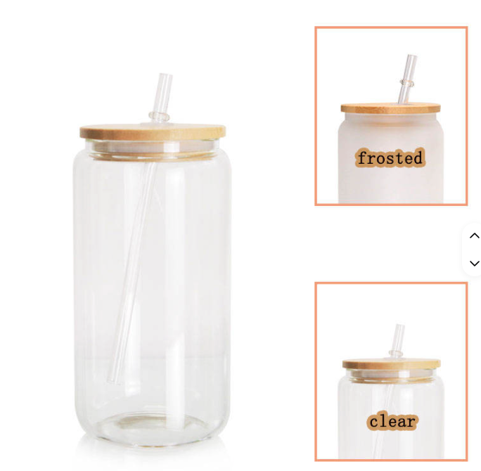 Senior colorful 16 oz Frosted Glass can with bamboo lid and straw.