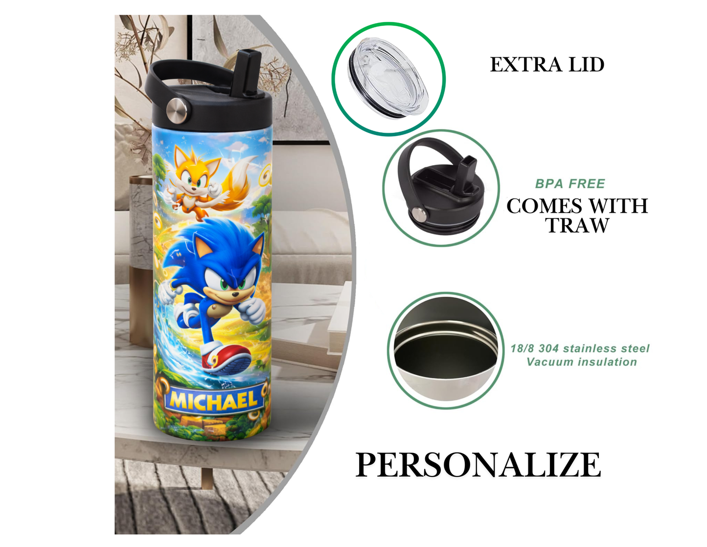 Kids Character Water bottle. 20 oz insulated water bottle