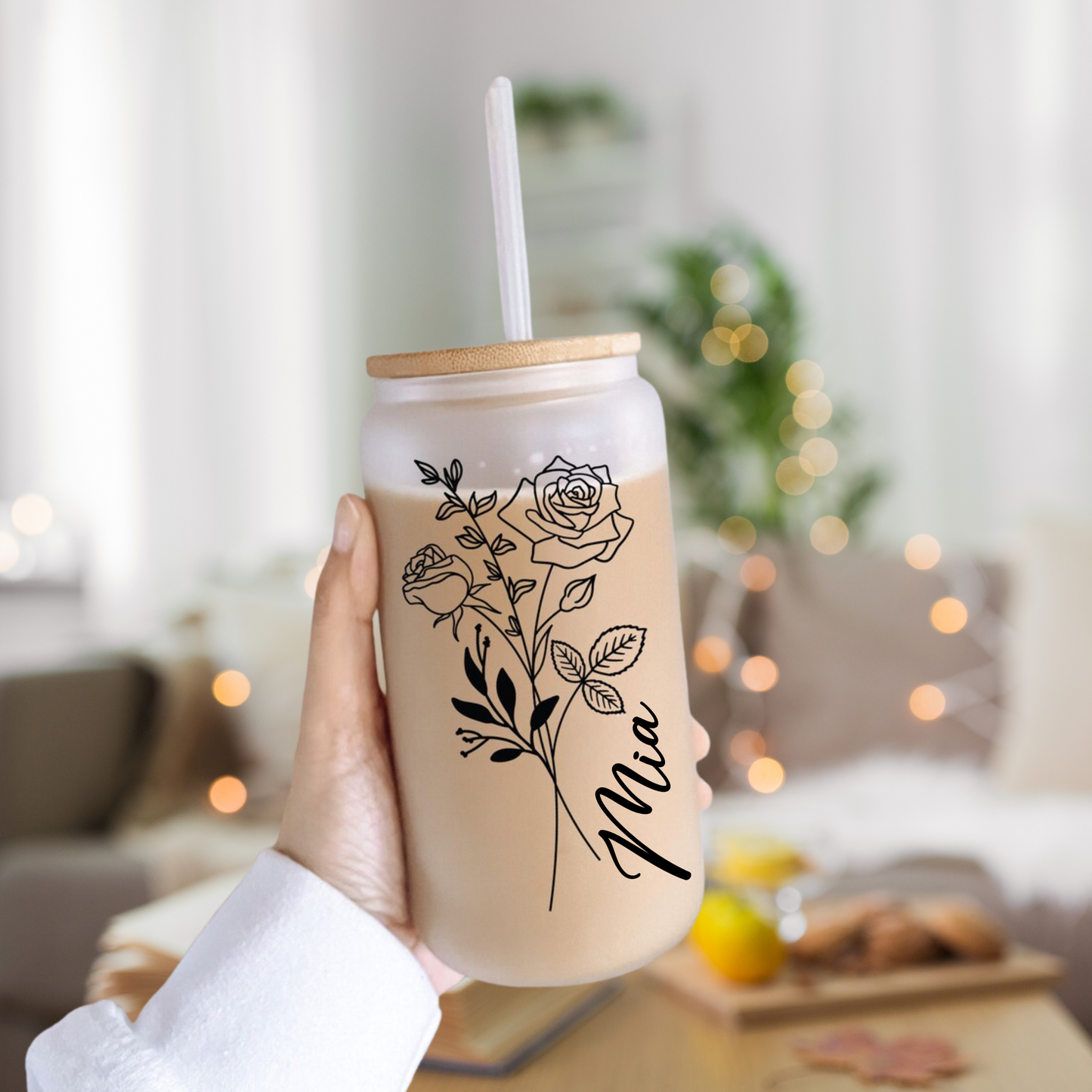 16 oz Frosted Glass Birth flower with personalization, Gift for her.