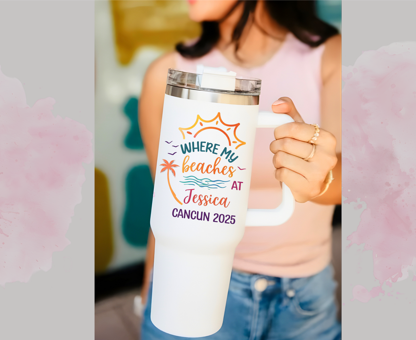 Personalized Beach Trip Tumbler, Custom Vacation - date | 40oz or 20oz Travel Mug with Straw | Girls Trip, Bachelorette, Cancun Gift Size