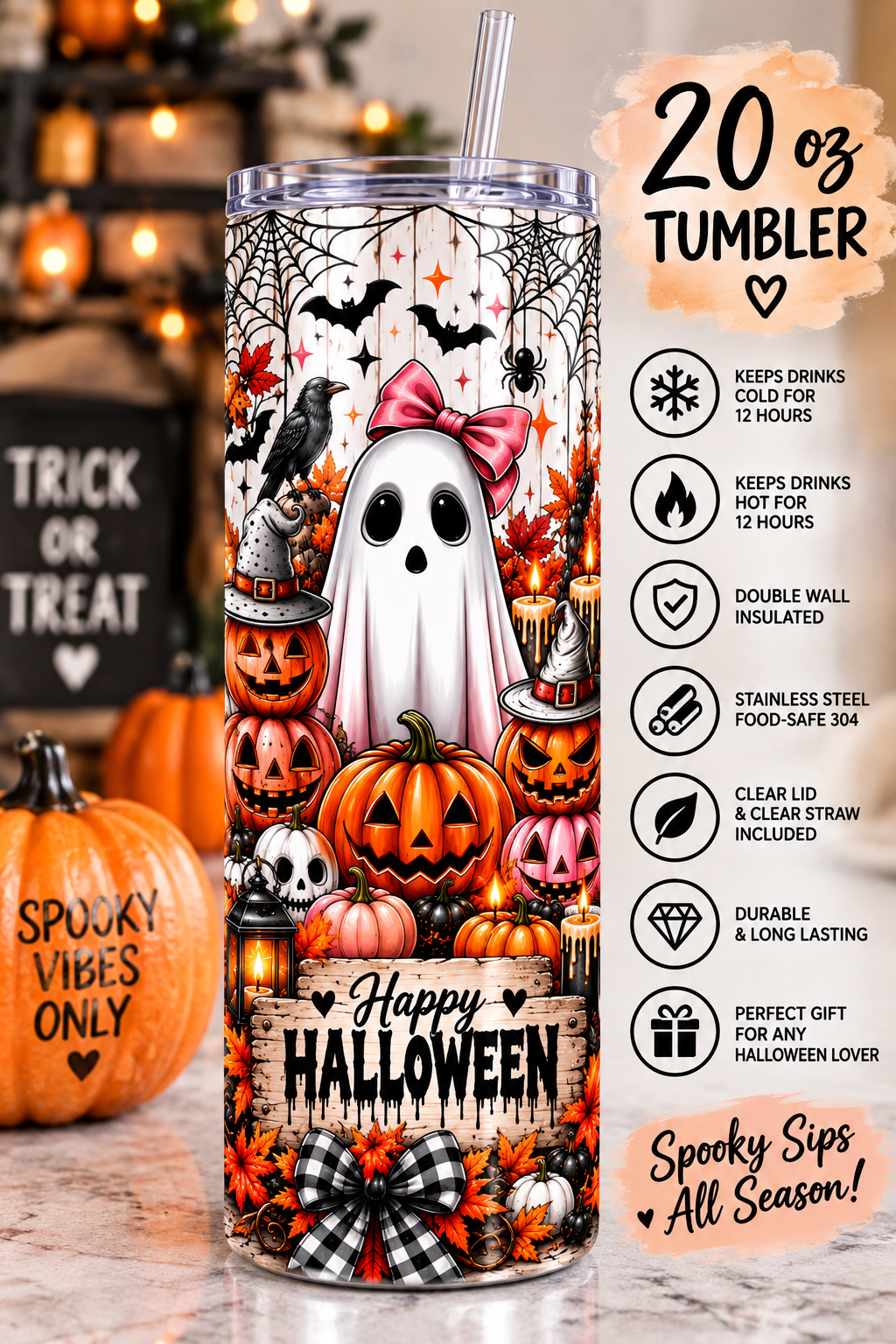 Spooky Cute Halloween tumbler Ghost inspired. 20 oz stainless steel skinny tumbler