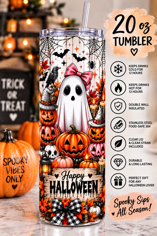 Spooky Cute Halloween tumbler Ghost inspired. 20 oz stainless steel skinny tumbler