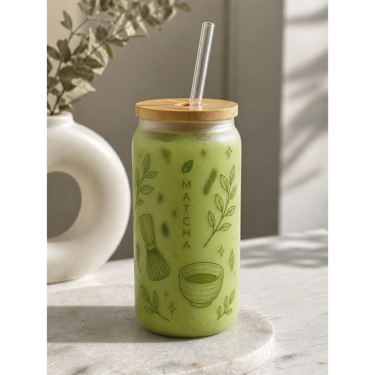 Matcha  16 oz frosted glass with bamboo lid and straw