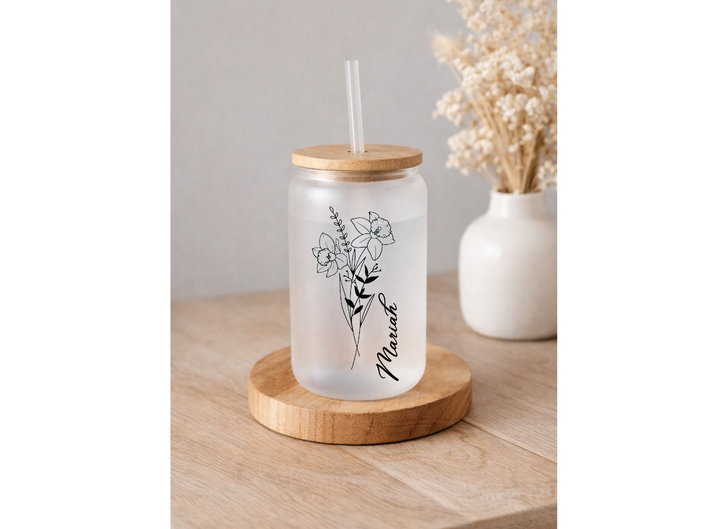 16 oz Frosted Glass Birth flower with personalization, Gift for her.