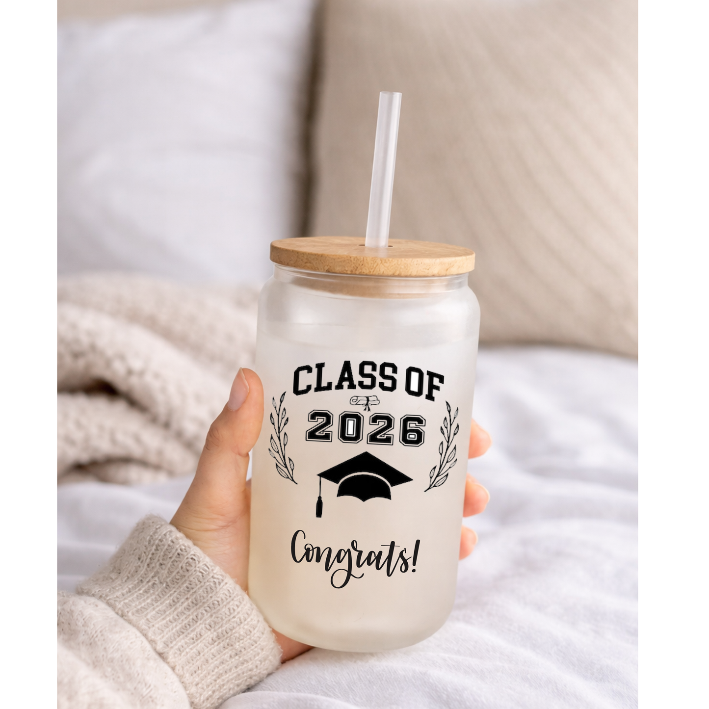 Senior 16 oz frosted glass with bamboo lid and straw