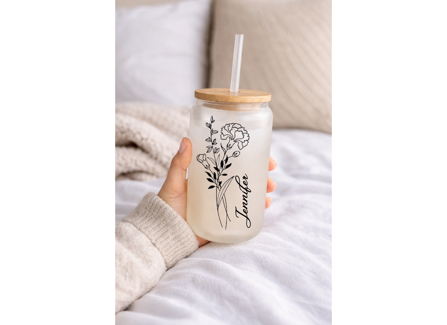 16 oz Frosted Glass Birth flower with personalization, Gift for her.