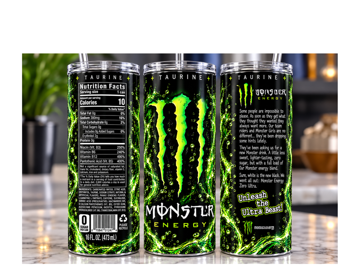 Energy Drink Monst er  inspired. 20 oz stainless steel skinny tumbler