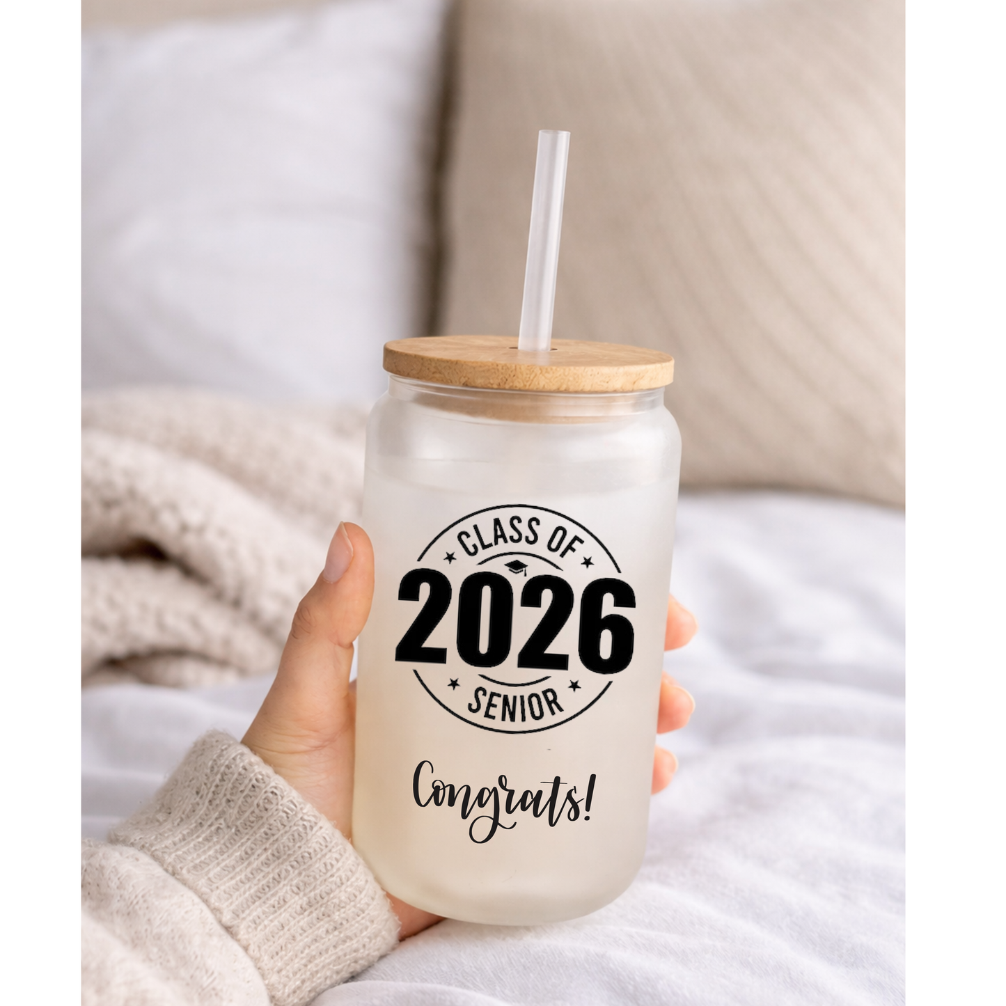 Senior 16 oz frosted glass with bamboo lid and straw