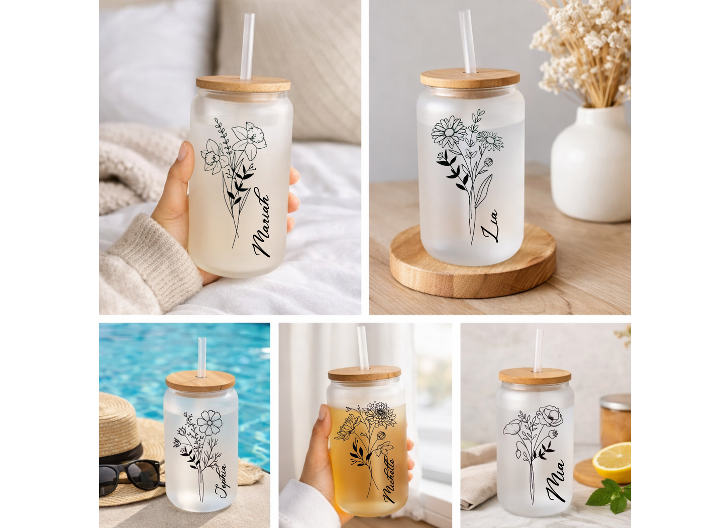 16 oz Frosted Glass Birth flower with personalization, Gift for her.