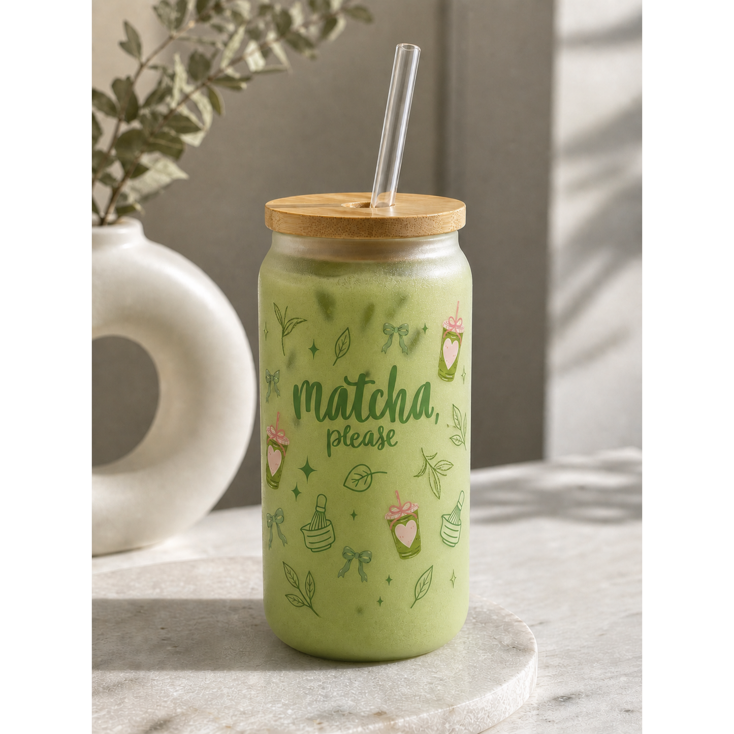 Matcha  16 oz frosted glass with bamboo lid and straw