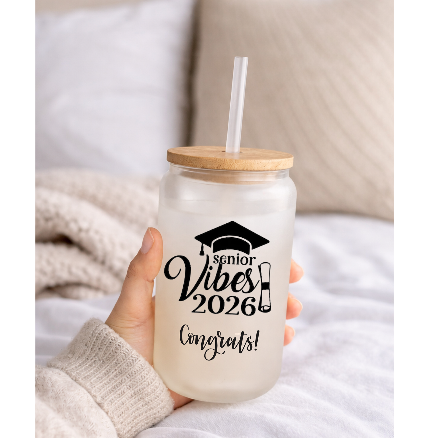 Senior 16 oz frosted glass with bamboo lid and straw