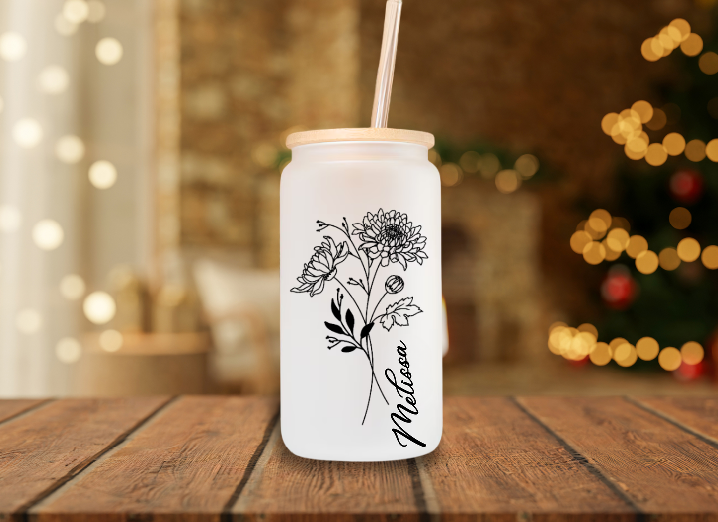 16 oz Frosted Glass Birth flower with personalization, Gift for her.