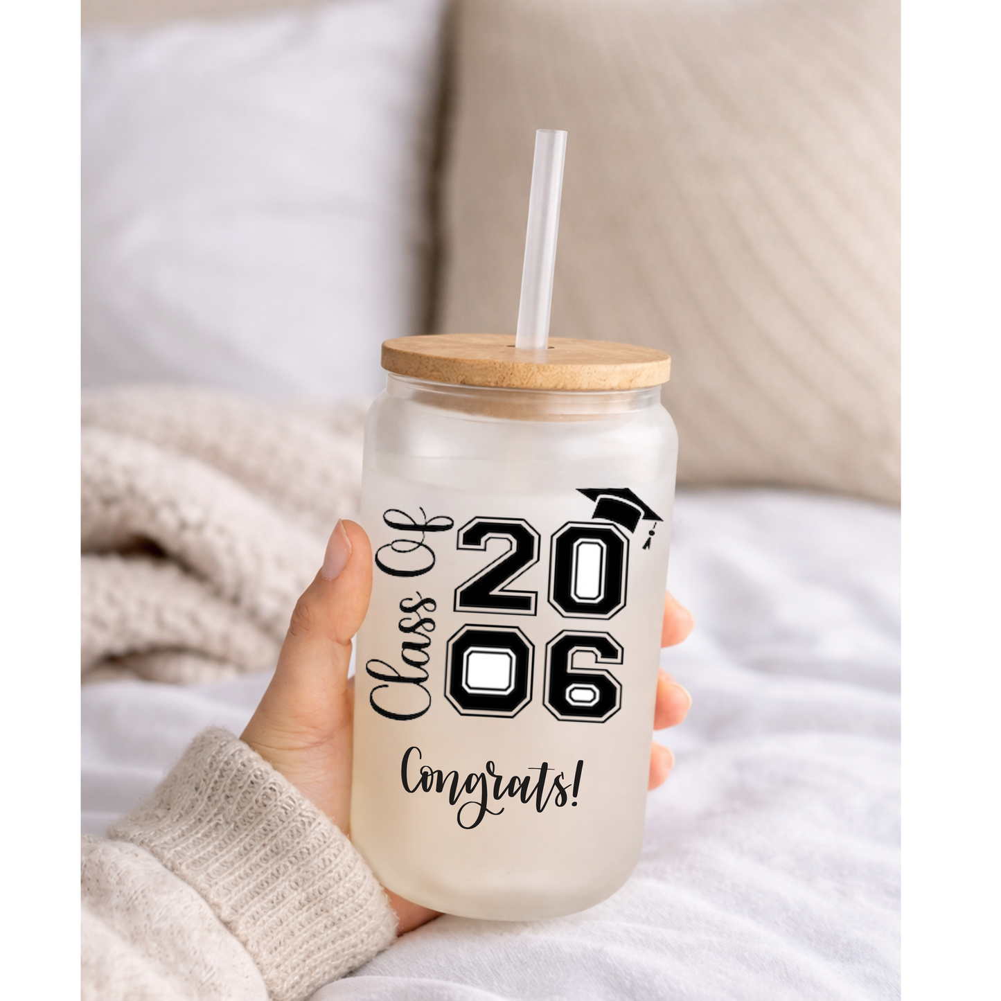 Senior 16 oz frosted glass with bamboo lid and straw