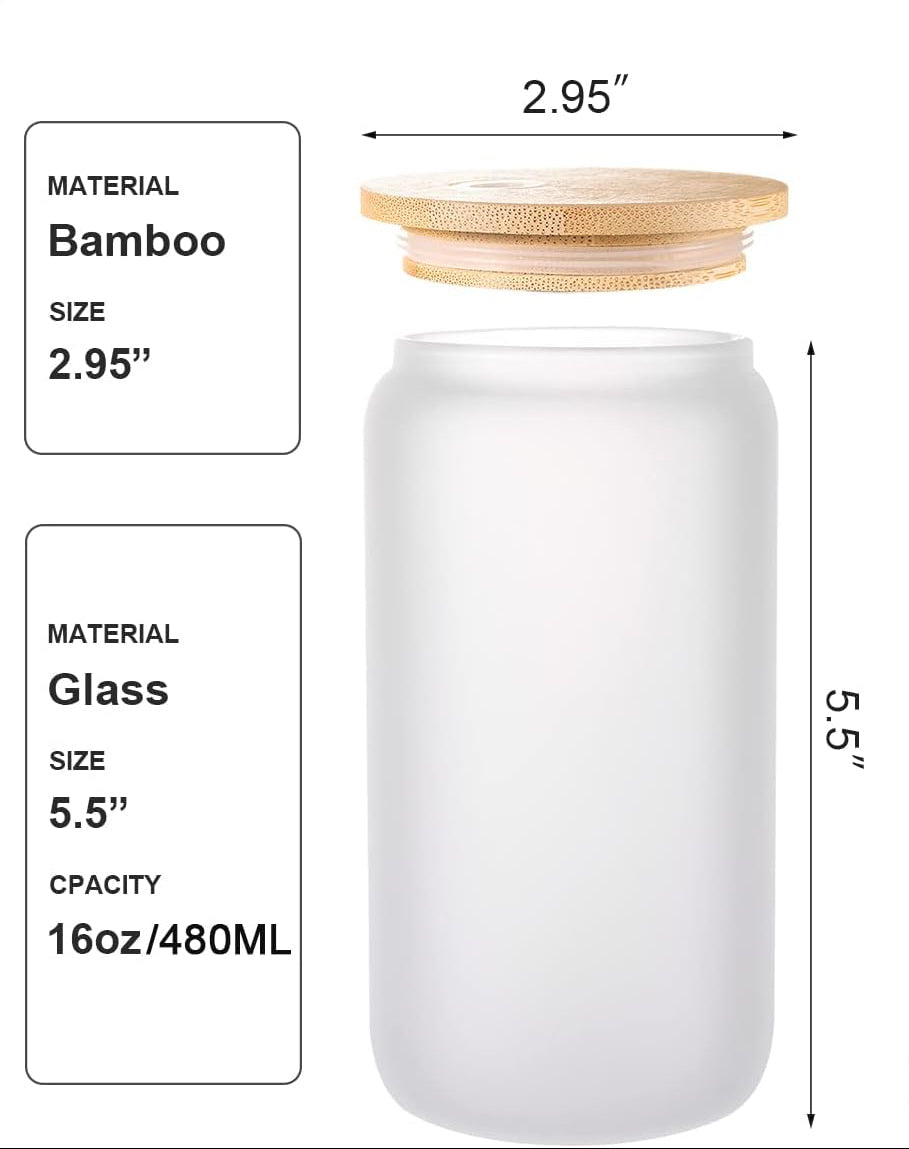 Senior colorful 16 oz Frosted Glass can with bamboo lid and straw.