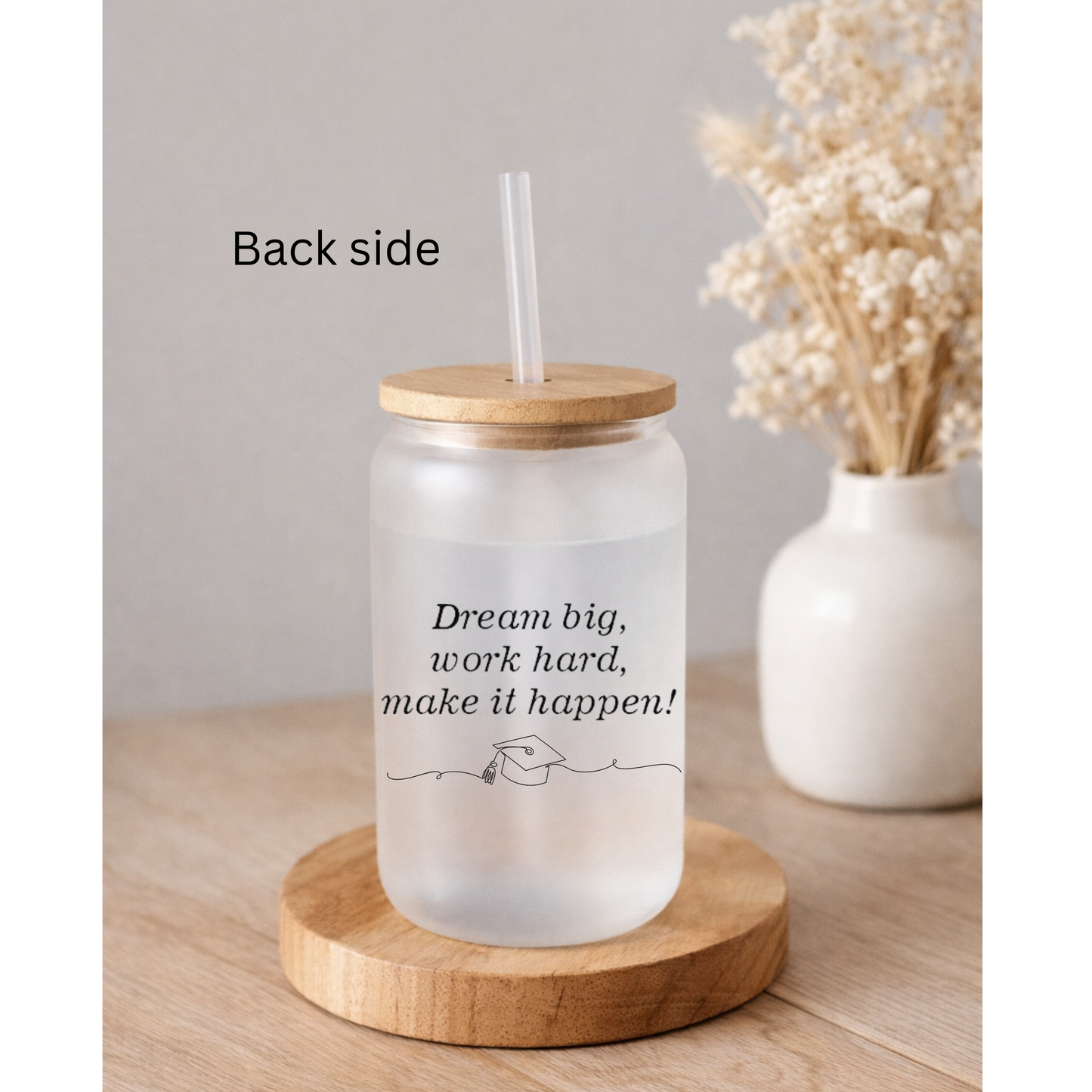 Senior 16 oz frosted glass with bamboo lid and straw