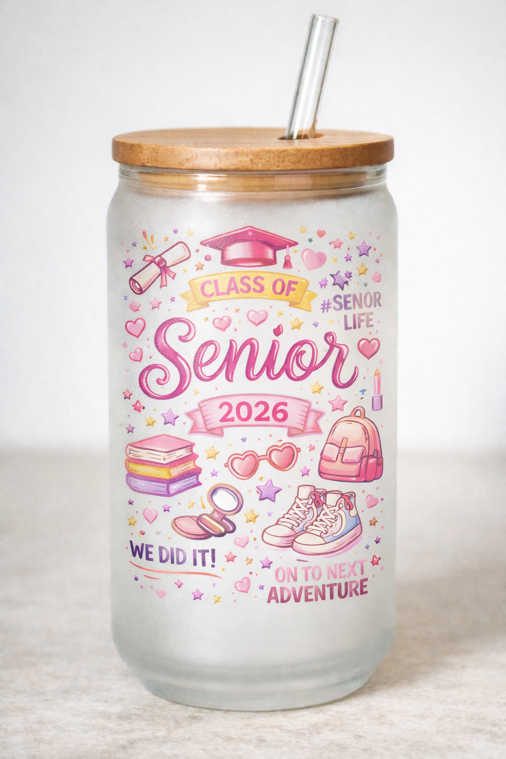 Senior colorful 16 oz Frosted Glass can with bamboo lid and straw.