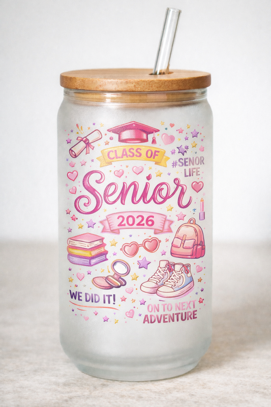 Senior colorful 16 oz Frosted Glass can with bamboo lid and straw.