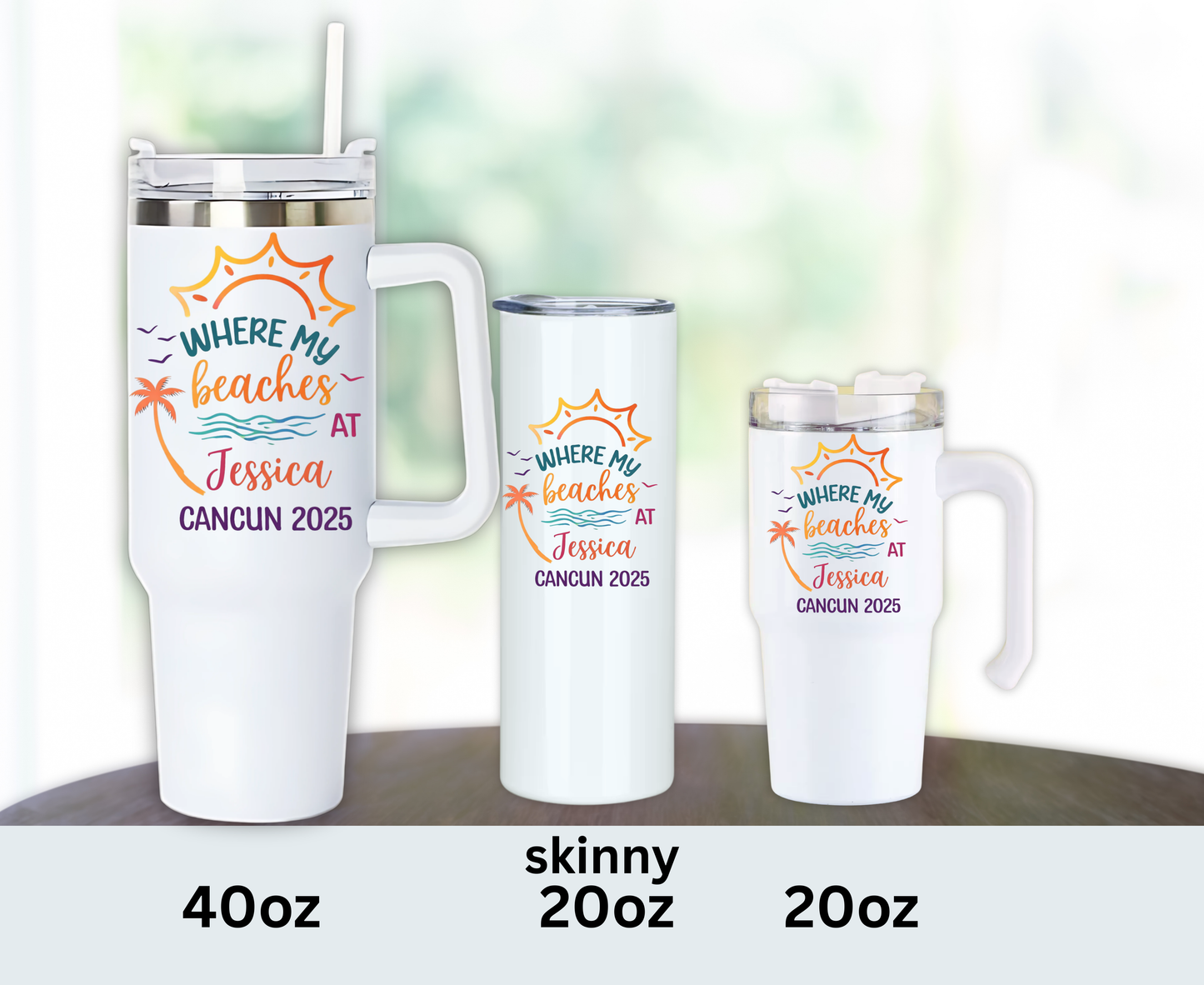 Personalized Beach Trip Tumbler, Custom Vacation - date | 40oz or 20oz Travel Mug with Straw | Girls Trip, Bachelorette, Cancun Gift Size