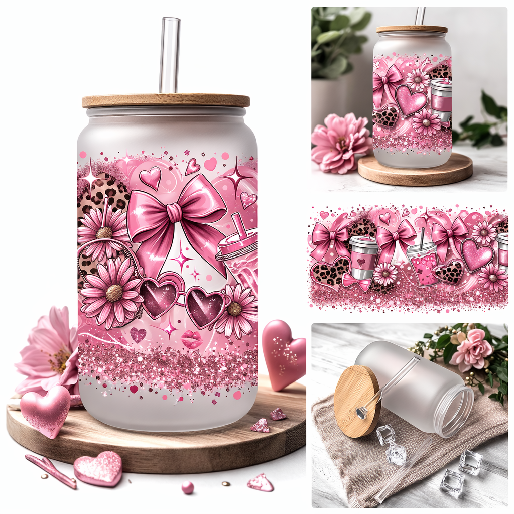 Floral pink lover 16 oz Frosted Glass can with bamboo lid and straw.