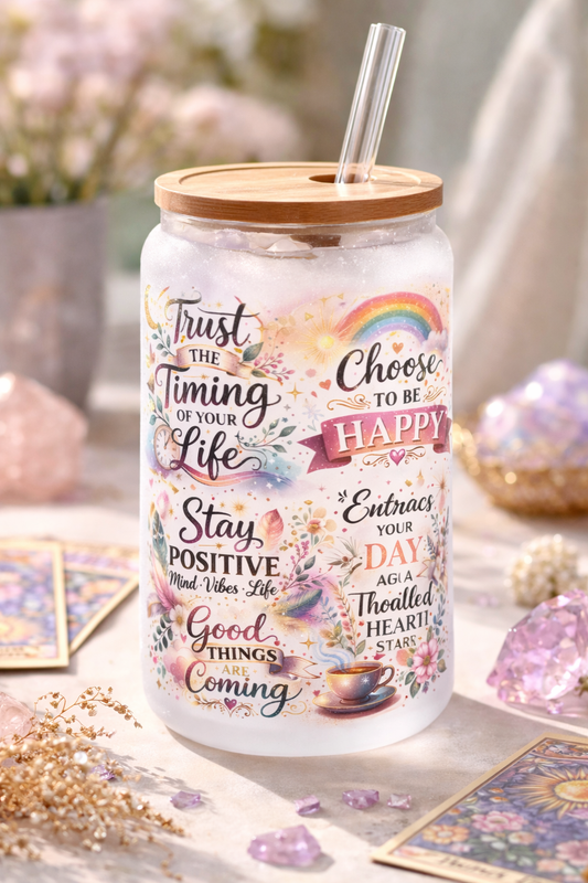 Motivating 16 oz Frosted Glass can with bamboo lid and straw.