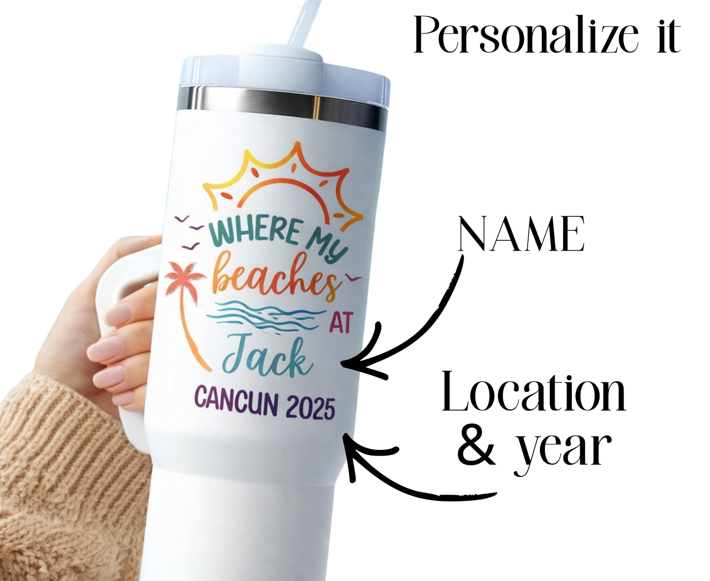 Personalized Beach Trip Tumbler, Custom Vacation - date | 40oz or 20oz Travel Mug with Straw | Girls Trip, Bachelorette, Cancun Gift Size