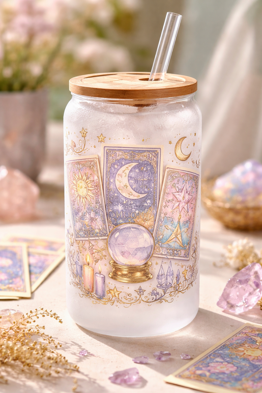 Tarot cards 16 oz frosted glass with bamboo lid and straw