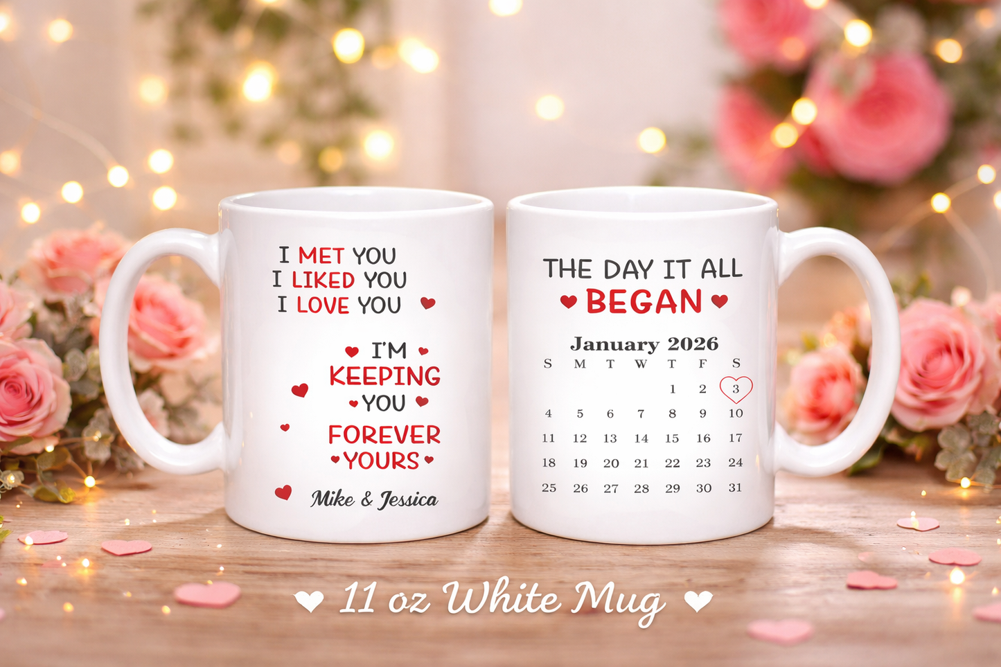 Personalized Love Mug for him or her. Valentines day Mug, Love Forever Mug, The day I met you, A special Love Mug.