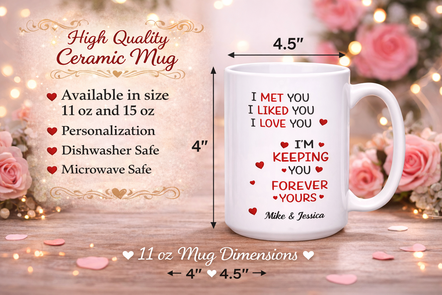 Personalized Love Mug for him or her. Valentines day Mug, Love Forever Mug, The day I met you, A special Love Mug.