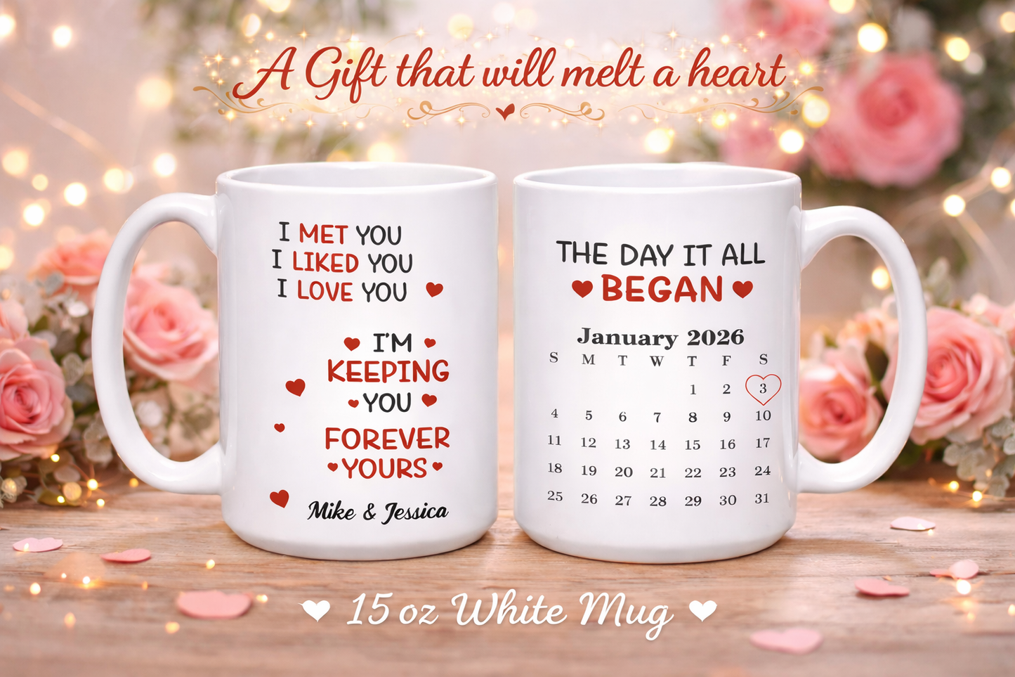 Personalized Love Mug for him or her. Valentines day Mug, Love Forever Mug, The day I met you, A special Love Mug.