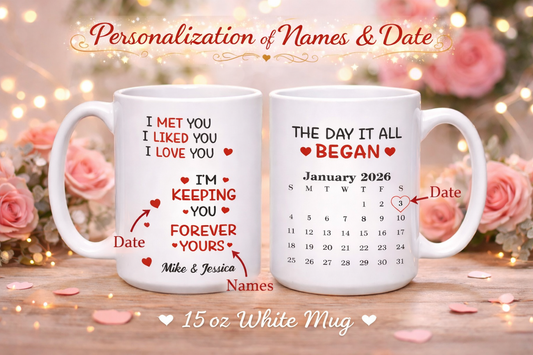 Personalized Love Mug for him or her. Valentines day Mug, Love Forever Mug, The day I met you, A special Love Mug.