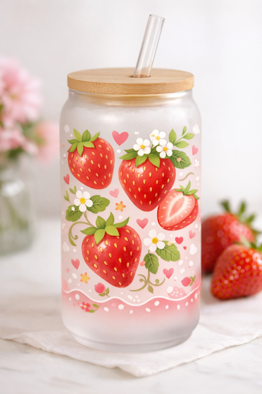 Strawberry 16 oz frosted glass with bamboo lid and clear straw.
