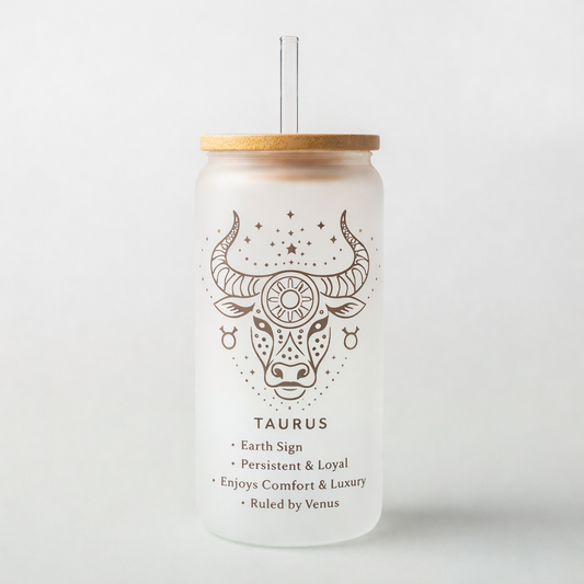 Zodiac 16 oz frosted glass with bamboo lid and straw