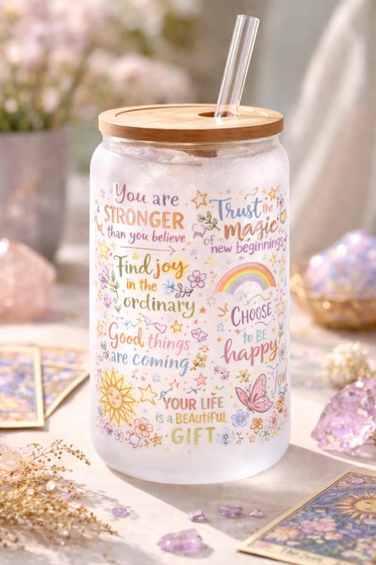 Positive and inspirational 16 oz Frosted Glass can with bamboo lid and straw.