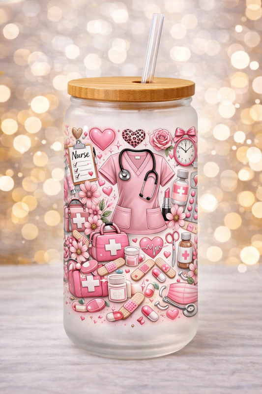 Nurse theme 16 oz Frosted Glass can with bamboo lid and straw.