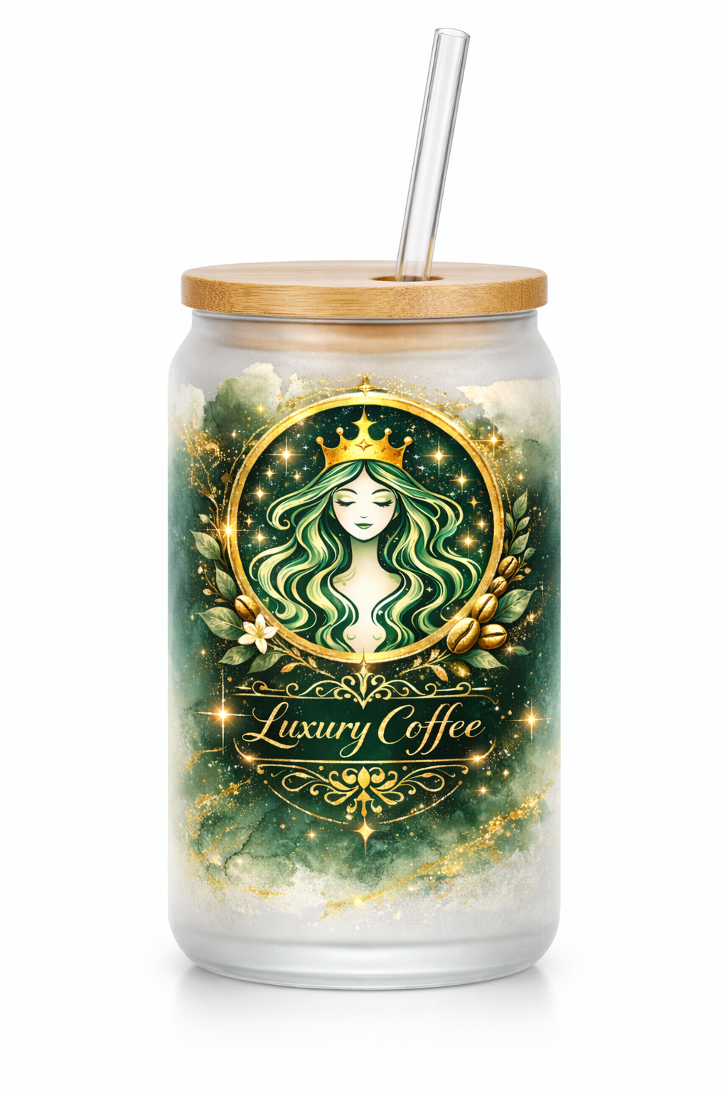 luxury Coffee themed 16 oz Frosted Glass can with bamboo lid and straw.