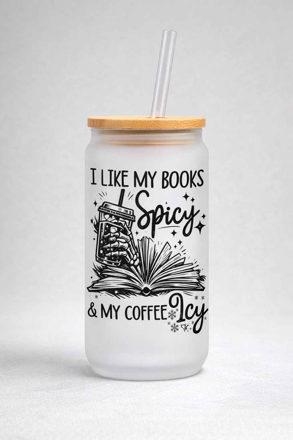 Book spicy and icy  themed 16 oz Frosted Glass can with bamboo lid and straw.