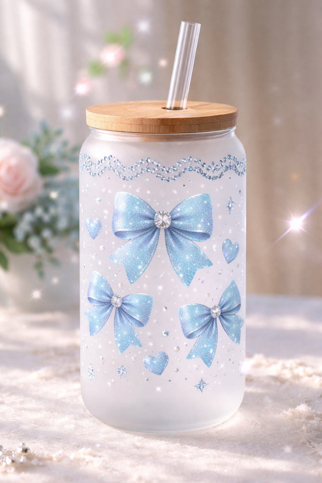 Glamorous Blue Bow design 16 oz Frosted Glass can with bamboo lid and straw.