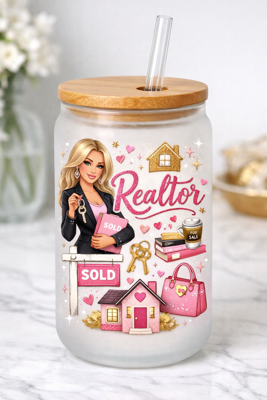 Glamorous REALTOR design 16 oz Frosted Glass can with bamboo lid and straw.
