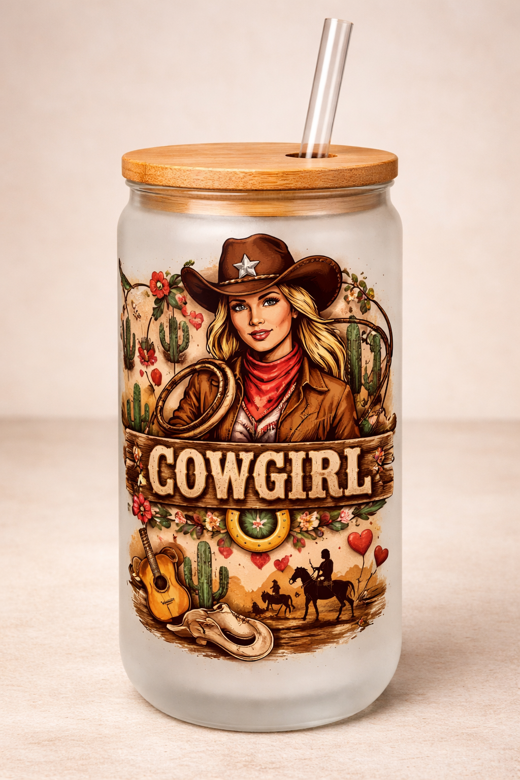 Cowgirl  16 oz Frosted Glass can with bamboo lid and straw.