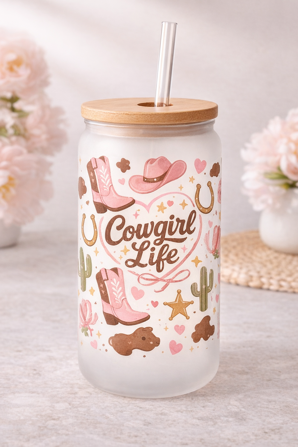 Cowgirl life 16 oz Frosted Glass can with bamboo lid and straw.