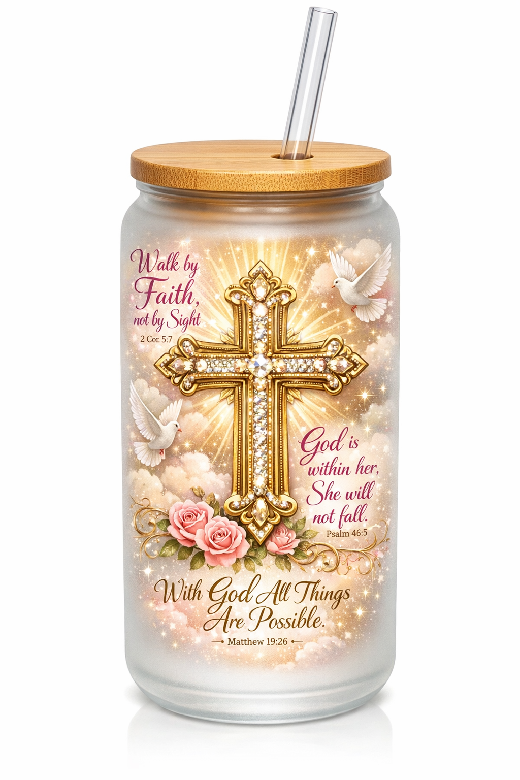 Positive Biblical 16 oz Frosted Glass can with bamboo lid and straw.