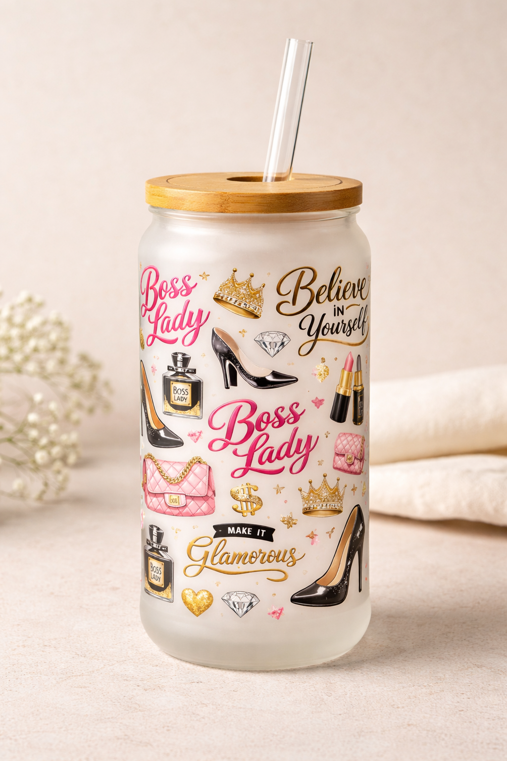 Boss lady 16 oz Frosted Glass can with bamboo lid and straw.