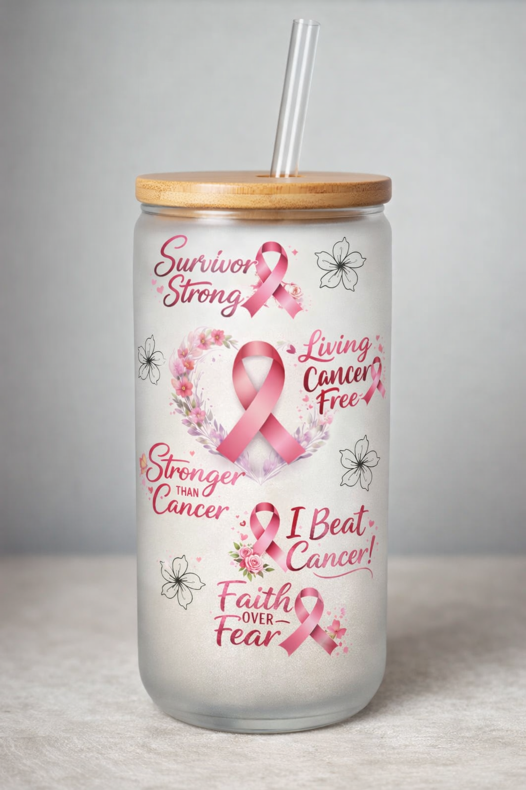 Cancer survivor , Warrior 16 oz Frosted Glass can with bamboo lid and straw.