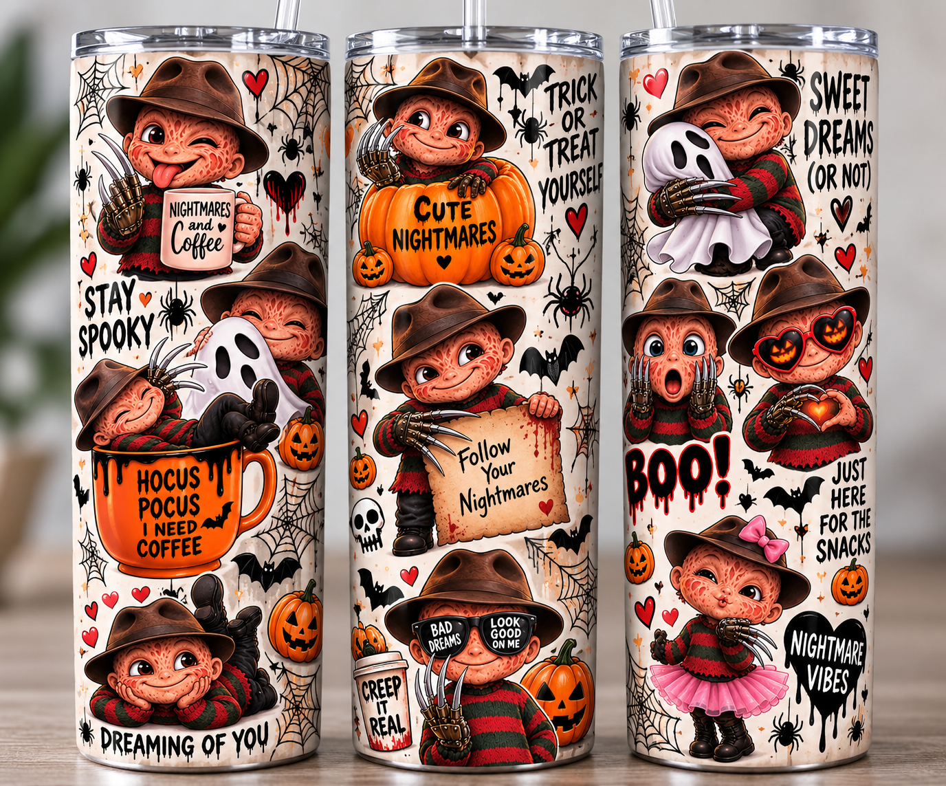Spooky Halloween tumbler Freddy Nightmare inspired. 20 oz stainless steel skinny tumbler