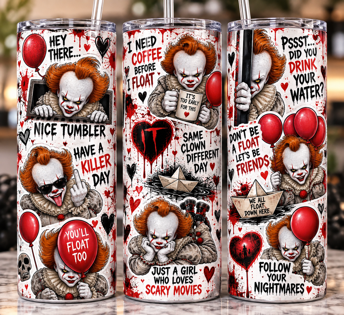 Spooky Halloween tumbler IT Clown inspired. 20 oz stainless steel skinny tumbler