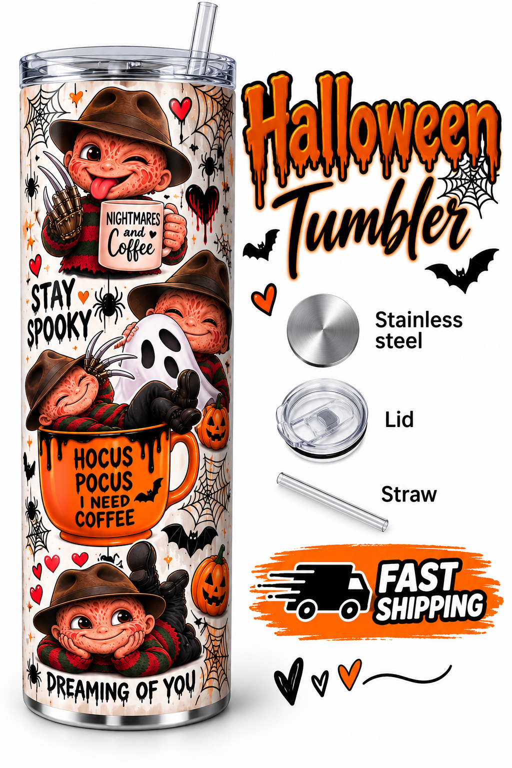 Spooky Halloween tumbler Freddy Nightmare inspired. 20 oz stainless steel skinny tumbler