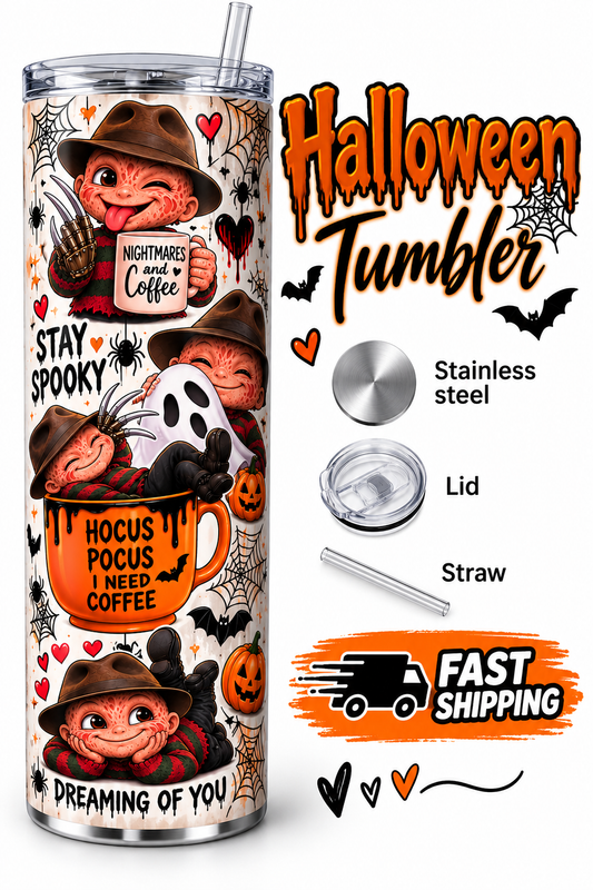 Spooky Halloween tumbler Freddy Nightmare inspired. 20 oz stainless steel skinny tumbler