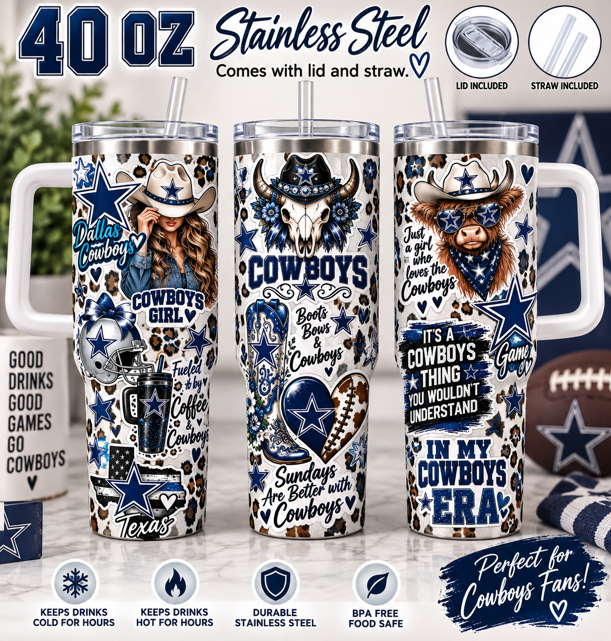 Texas Cowboy inspired 40 Oz Stainless steel double wall insulated tumbler