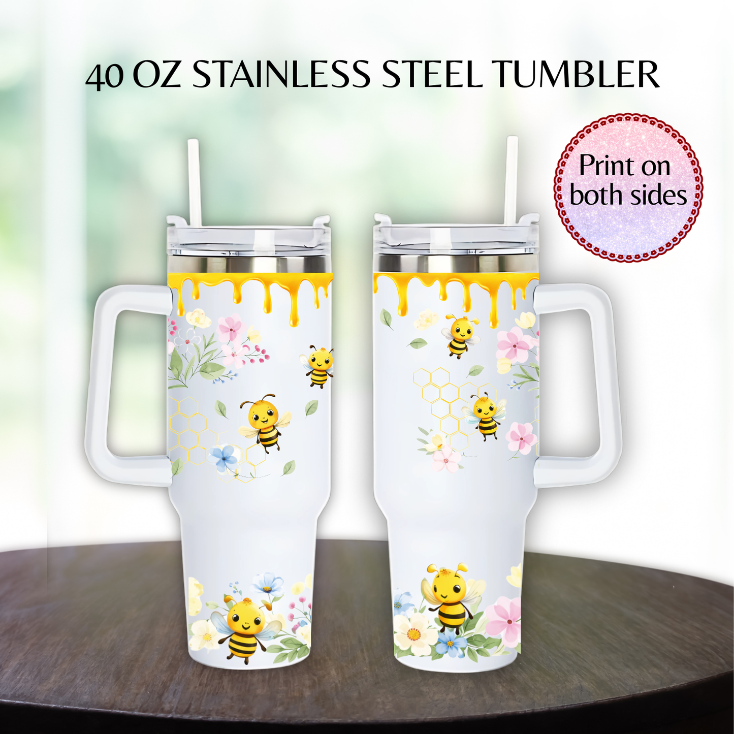 40 oz tumbler, double wall insulated, Cute honey comb bee